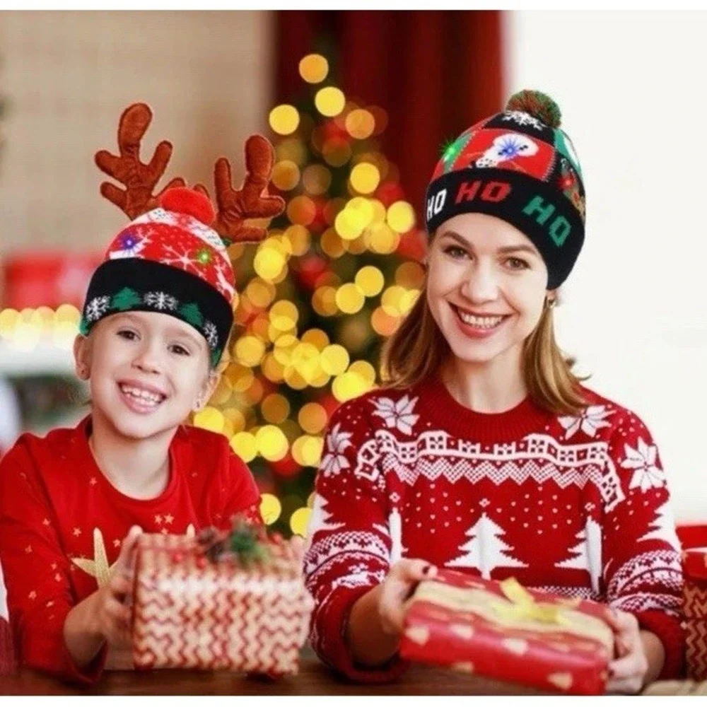 2 Pack LED Christmas Light-up Sweater‎ Hats, Colorful Flashing Knitted Beanie